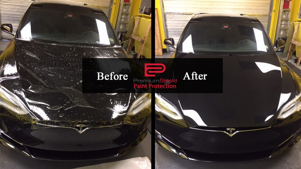 Before and after photo installing Premium Shield car paint and finish protector